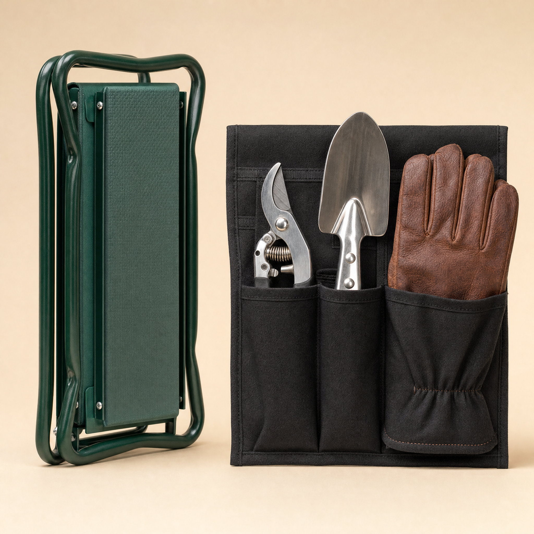 CozyJardi™ plié compact avec sa sacoche à outils ouverte (sécateur, binette, gants en cuir)